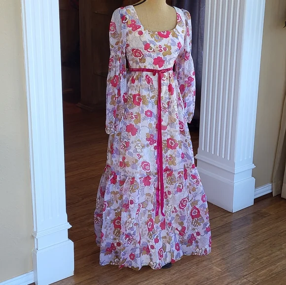 Lorrie Deb San Francisco Vtg 70s Size 6 Floral Chiffon Maxi Dress - Picture 2 of 11